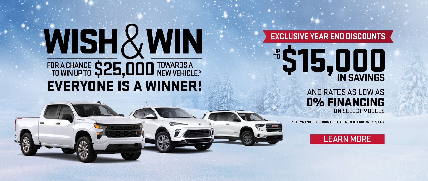 Auto promotion banner featuring up to $25,000 prize and $15,000 savings on vehicles with snow background.