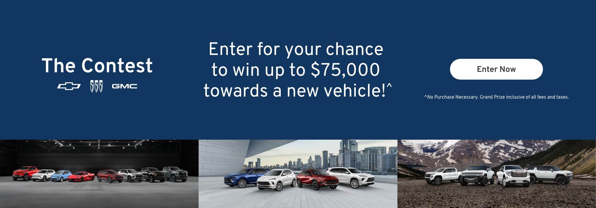 Car contest banner promoting a chance to win $75,000 for a new vehicle, featuring Chevrolet and GMC cars.