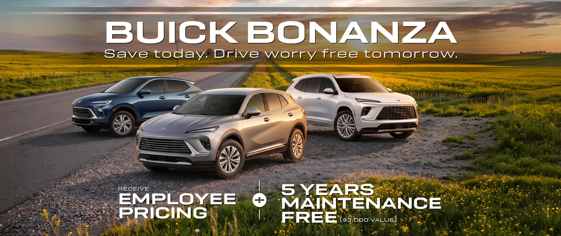 Three Buick SUVs parked on a scenic rural road with text promoting "Buick Bonanza" and offers.