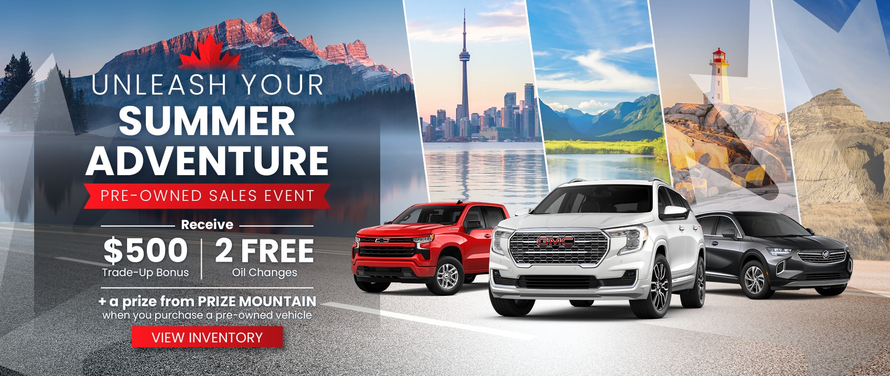 "Unleash Your Summer Adventure" sales event banner with scenic backgrounds and featured vehicles.