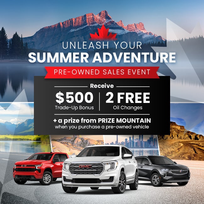Pre-owned sales event ad featuring vehicles, mountains, and promotional offers, including a $500 bonus and free oil changes.