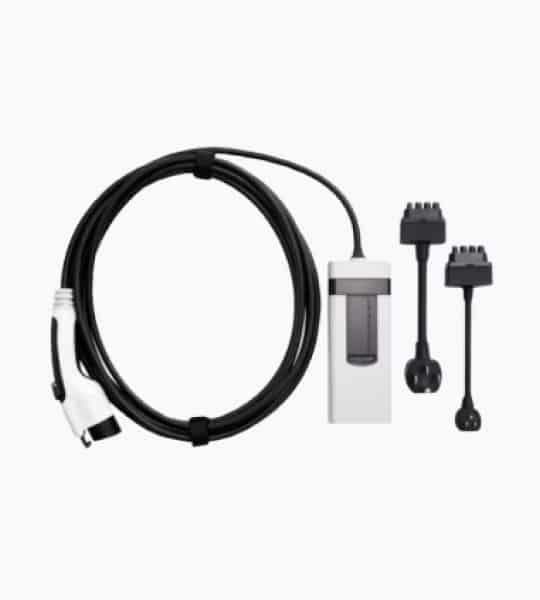 Electric vehicle charging station with a sleek design and attached charging cable.