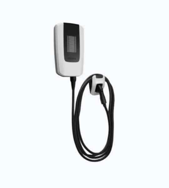 Electric vehicle charging station with a sleek design and attached charging cable.