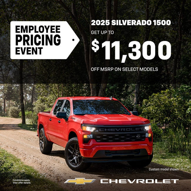 Red 2025 Silverado 1500 on a dirt road, promoting an employee pricing event with up to $11,300 off select models.