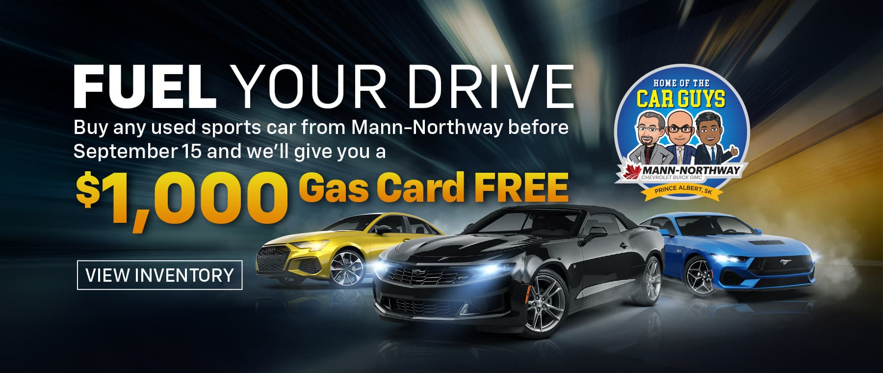 Promotion for Mann-Northway sports cars with a $1,000 gas card offer before September 15, featuring three cars.