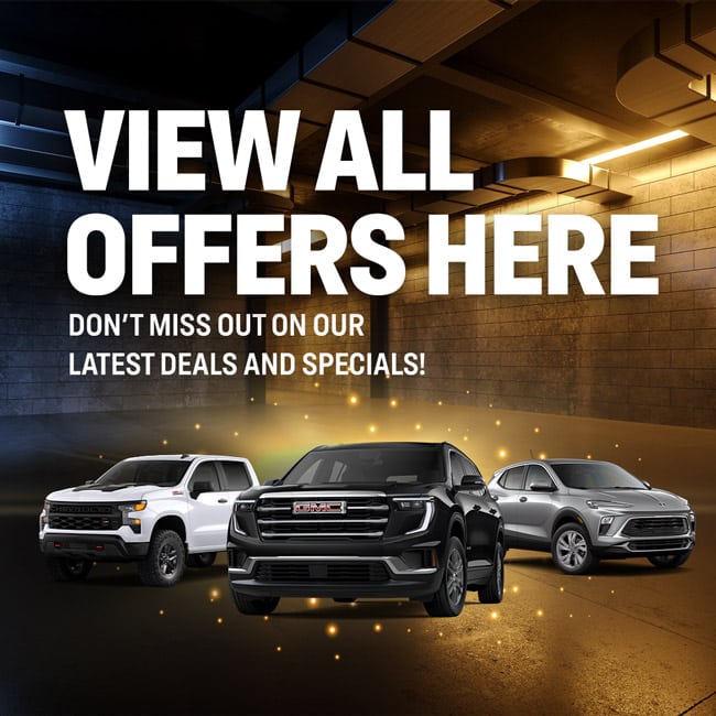 Car dealership banner highlighting latest deals and specials with three vehicles displayed below.