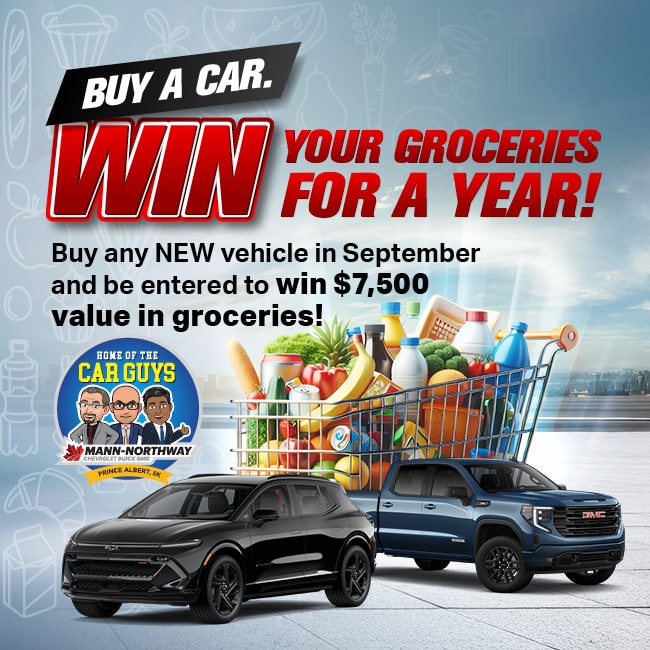 Car promotion: Buy a new vehicle in September to win $7,500 in groceries. Features cars and a full cart.