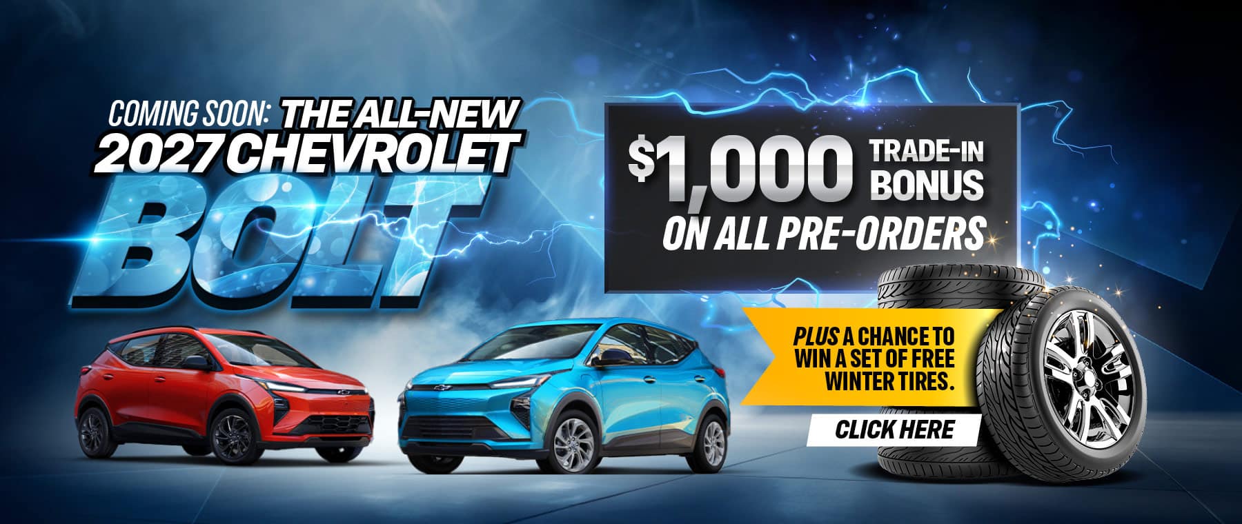 2027 Chevrolet Bolt promotion offering $1,000 trade-in bonus on pre-orders, with a chance to win free winter tires.