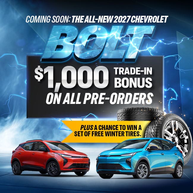2027 Chevrolet Bolt promotion offering $1,000 trade-in bonus on pre-orders, with a chance to win free winter tires.