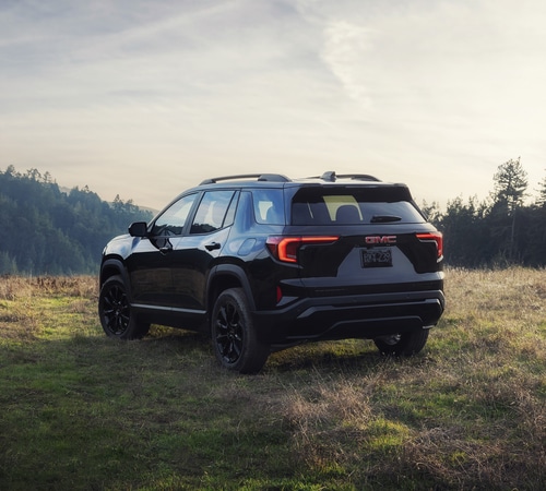 Black SUV parked on grassy terrain with forested hills in the background under a cloudy sky.