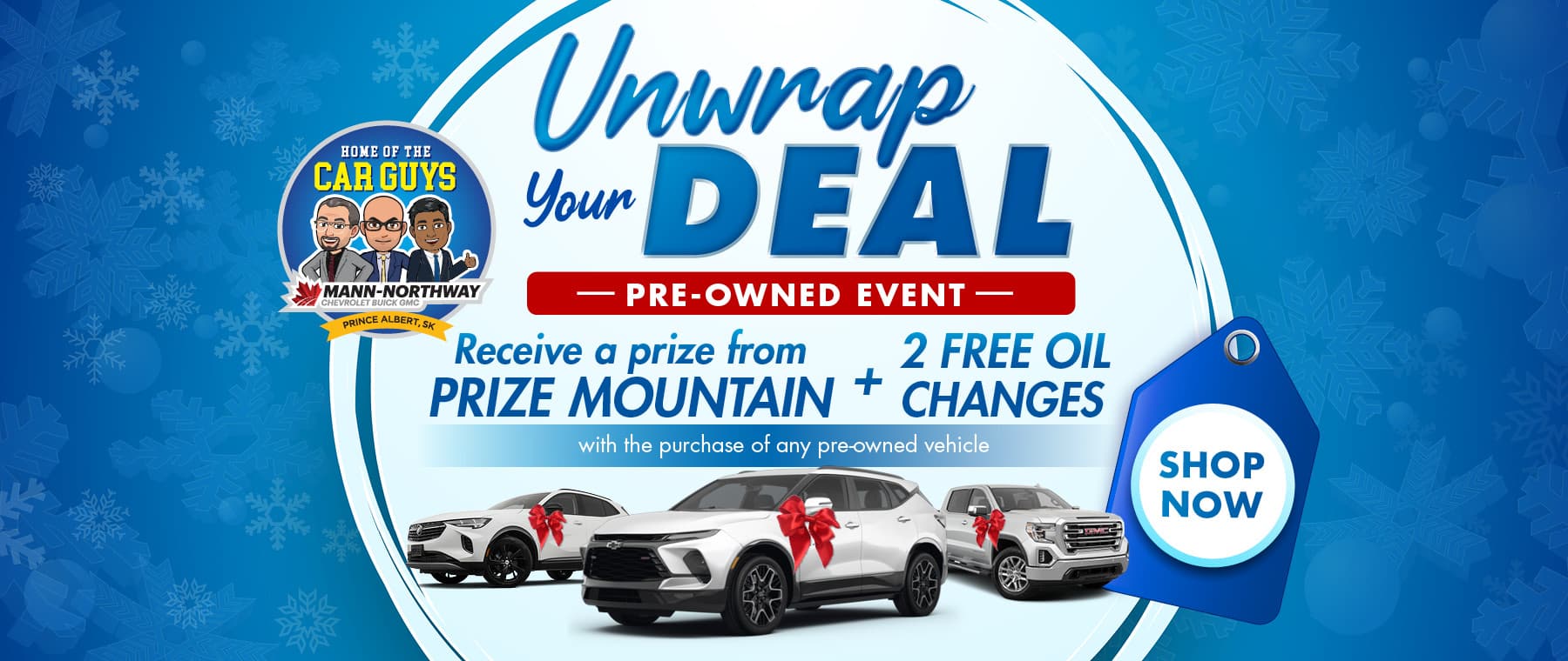 Ad for a pre-owned car event offering prizes and oil changes, featuring three cars with bows.