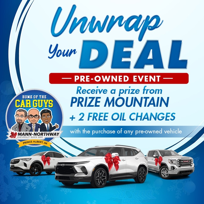 Car dealership promotion for pre-owned vehicles includes prizes and oil changes.