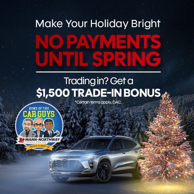 Holiday car sale ad featuring a decorated tree, parked car, and text about no payments until spring, with trade-in bonus offer.