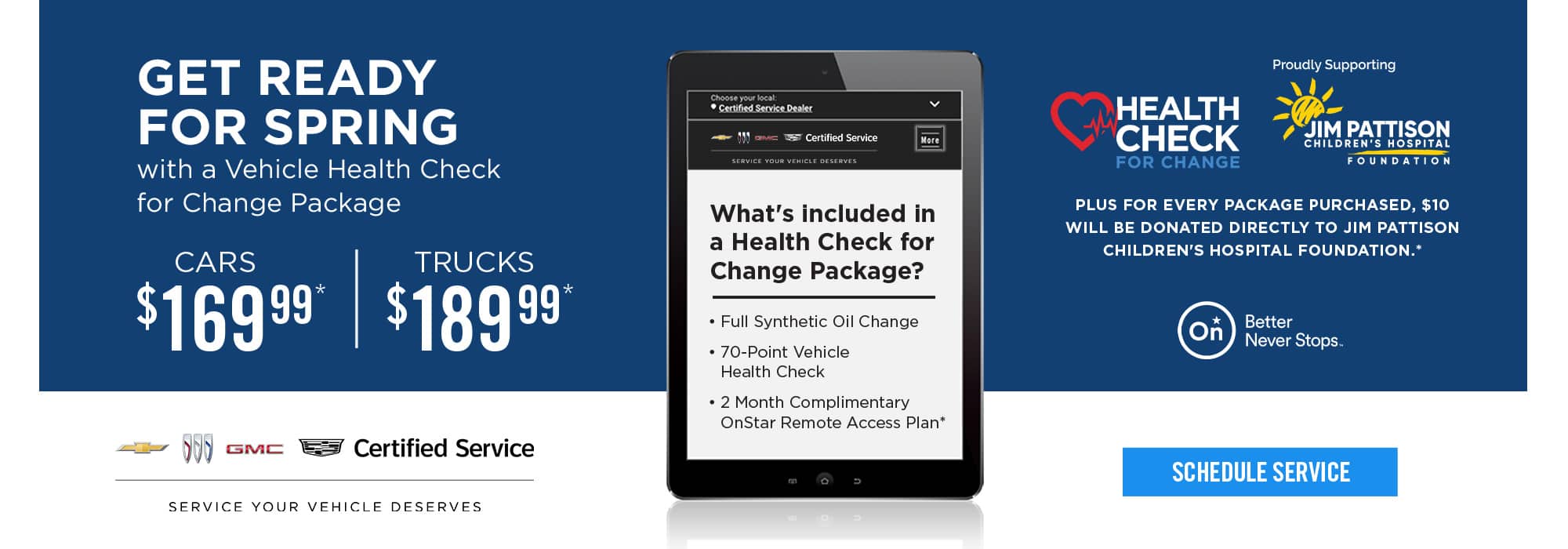 Vehicle health check offer for spring, featuring prices for cars and trucks. Supports charity donation.