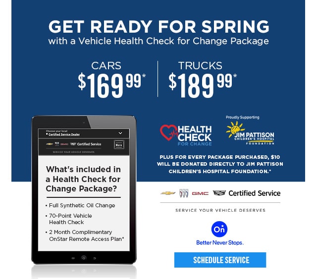 Spring vehicle health check offer: Cars $169.99, Trucks $189.99. Includes oil change, health check. Donation to Jim Pattison Foundation.