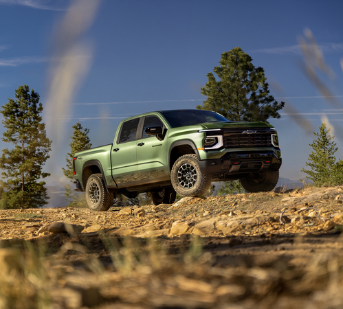 Green pickup truck driving on a rocky trail with trees and blue sky background.