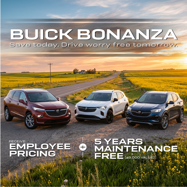 Three Buick SUVs parked on a rural road at sunset, promoting employee pricing and free maintenance offers.