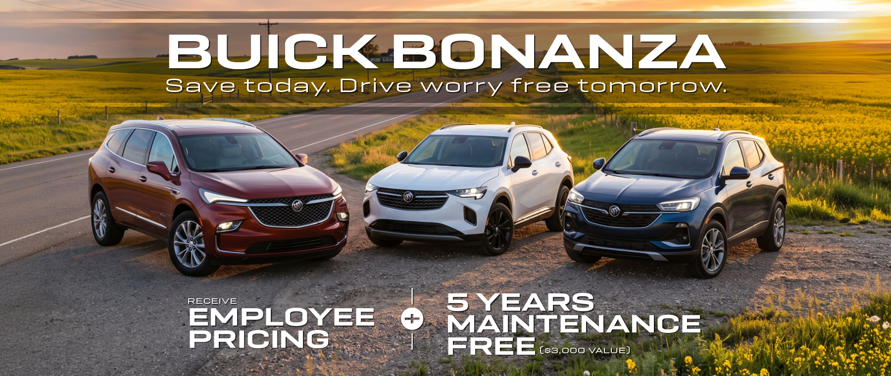 Three Buick SUVs parked on a scenic rural road with text promoting "Buick Bonanza" and offers.